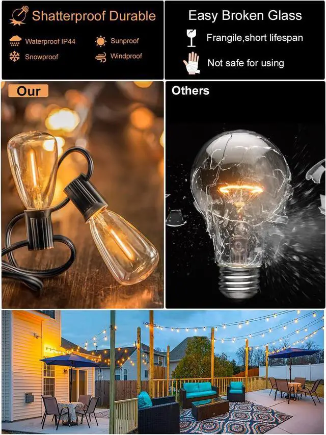 Alt view image 4 of 7 - DAMAING Outdoor String Lights Weatherproof 400FT shatterproof connectable Patio Lights for Outside 4 Pack x 100FT with 208 Vintage dimmable LED Edison Bulbs,Hanging Lights for Garden,Balcony