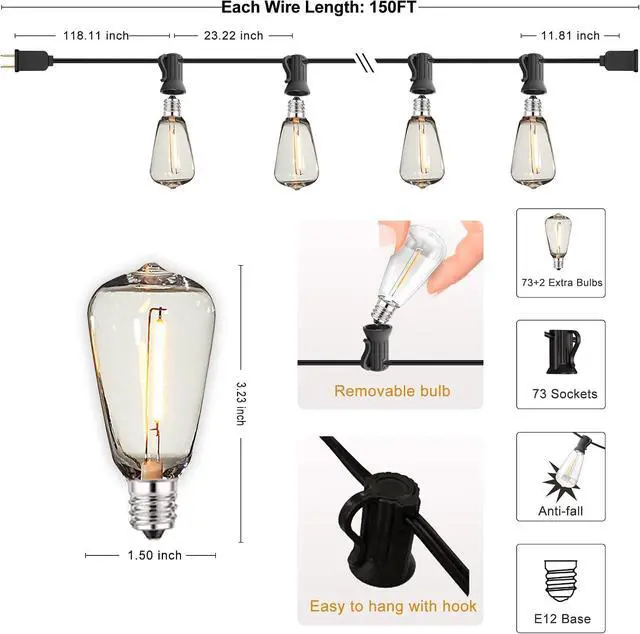 Alt view image 6 of 7 - DAMAING Outdoor String Lights 150 FT Patio Lights String with 75 Dimmable ST38 Plastic LED Bulbs,Vintage Shatterproof Edison String Lights Waterproof for Bistro Balcony Backyard and Gazobos.