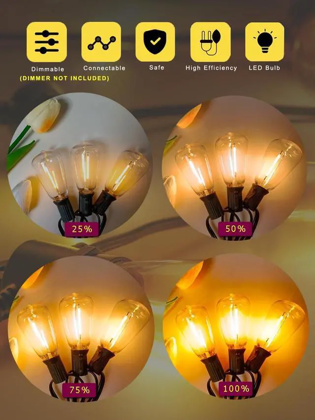 Alt view image 5 of 7 - DAMAING Outdoor String Lights Weatherproof 400FT shatterproof connectable Patio Lights for Outside 4 Pack x 100FT with 208 Vintage dimmable LED Edison Bulbs,Hanging Lights for Garden,Balcony