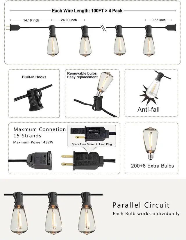 Alt view image 6 of 7 - DAMAING Outdoor String Lights Weatherproof 400FT shatterproof connectable Patio Lights for Outside 4 Pack x 100FT with 208 Vintage dimmable LED Edison Bulbs,Hanging Lights for Garden,Balcony
