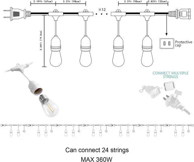Alt view image 4 of 7 - Banord Outdoor String Lights, 48FT Waterproof Patio Lights with 1W Dimmable LED Bulbs, White Hanging String Lights for Outdoor Backyard, Garden, Deck, Porch, Gazebo, Balcony, Camping, Party