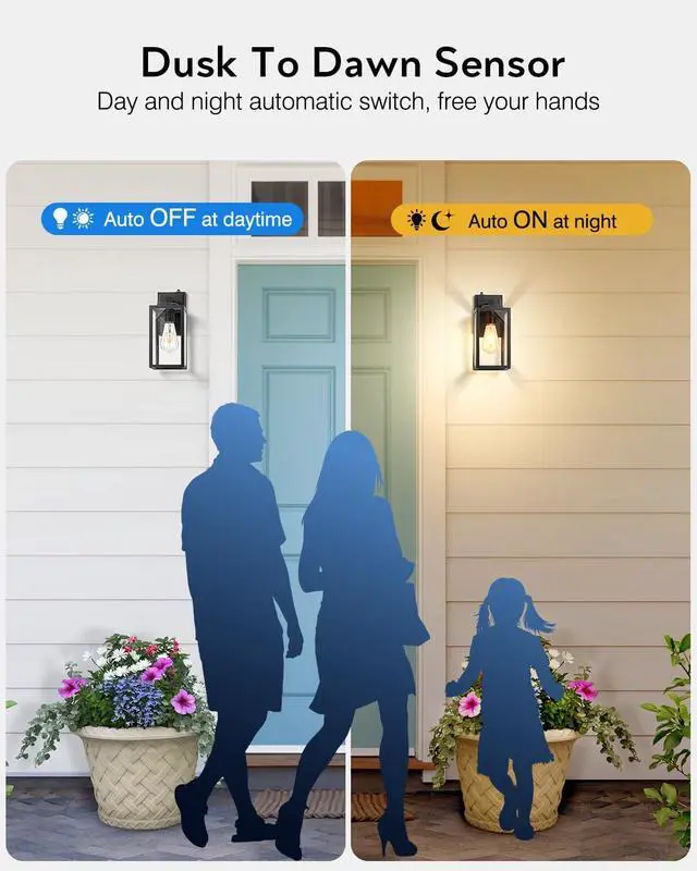 Alt view image 2 of 7 - VIANIS 2 Pack Dusk to Dawn Sensor Outdoor Wall Lighting, Black Exterior Light Fixture Wall Mount for House, Anti-Rust Modern Outside Sconce Lantern with Tempered Seeded Glass for Front Porch, Garage