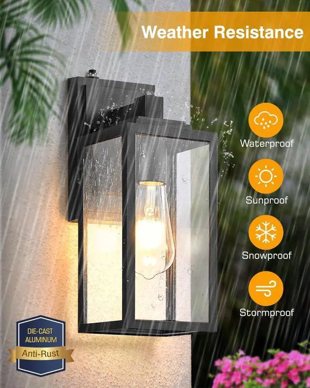 Alt view image 4 of 7 - VIANIS 2 Pack Dusk to Dawn Sensor Outdoor Wall Lighting, Black Exterior Light Fixture Wall Mount for House, Anti-Rust Modern Outside Sconce Lantern with Tempered Seeded Glass for Front Porch, Garage