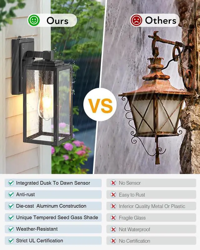 Alt view image 5 of 7 - VIANIS 2 Pack Dusk to Dawn Sensor Outdoor Wall Lighting, Black Exterior Light Fixture Wall Mount for House, Anti-Rust Modern Outside Sconce Lantern with Tempered Seeded Glass for Front Porch, Garage