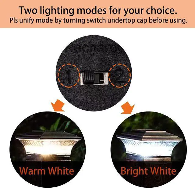 Alt view image 2 of 7 - HUYIENO Solar Post Cap Lights Outdoor LED Lighting Deck Fence Cap Light Two Light Modes Warm White/Bright White Suitable for 4x4 Wooden Posts Black 4PK