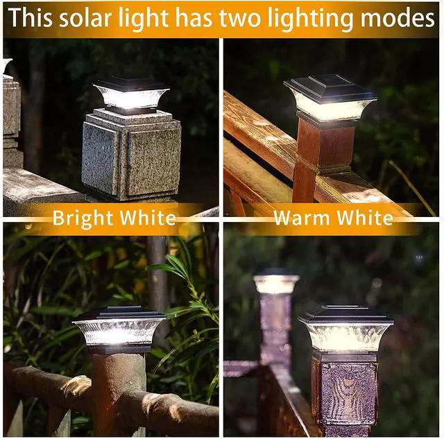 Alt view image 3 of 7 - HUYIENO Solar Post Cap Lights Outdoor LED Lighting Deck Fence Cap Light Two Light Modes Warm White/Bright White Suitable for 4x4 Wooden Posts Black 4PK