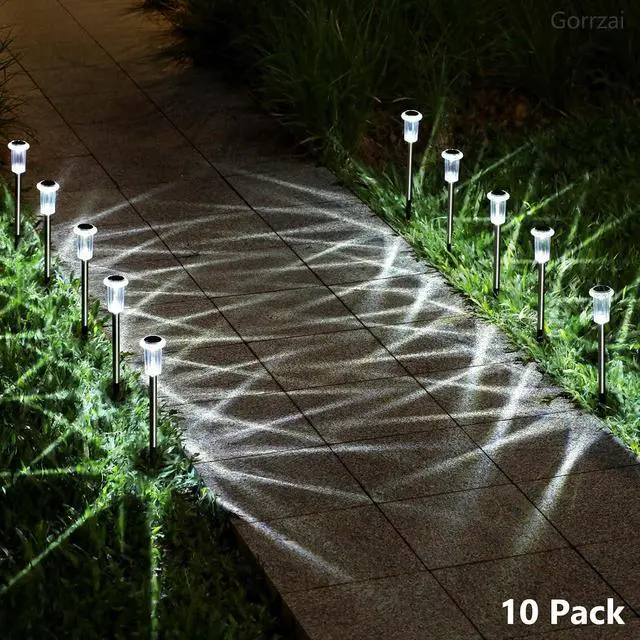 Alt view image 6 of 7 - 15 Pack Solar Pathway Lights Solar Lights Outdoor, Led Waterproof Yard Walkway Lighting Stainless Steel Garden Stake for Outside, Path, Landscape, Driveway, Backyard (Cold White)