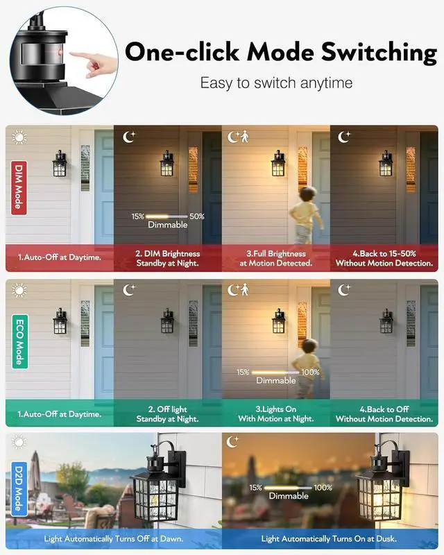 Alt view image 2 of 7 - VIANIS Black Motion Sensor Porch Lights Outdoor, Modern Dusk to Dawn Exterior Lighting Fixtures Wall Mount for House, Anti-Rust 100% Aluminum Waterproof Outdoor Sconce Lights for Garage, Front Door