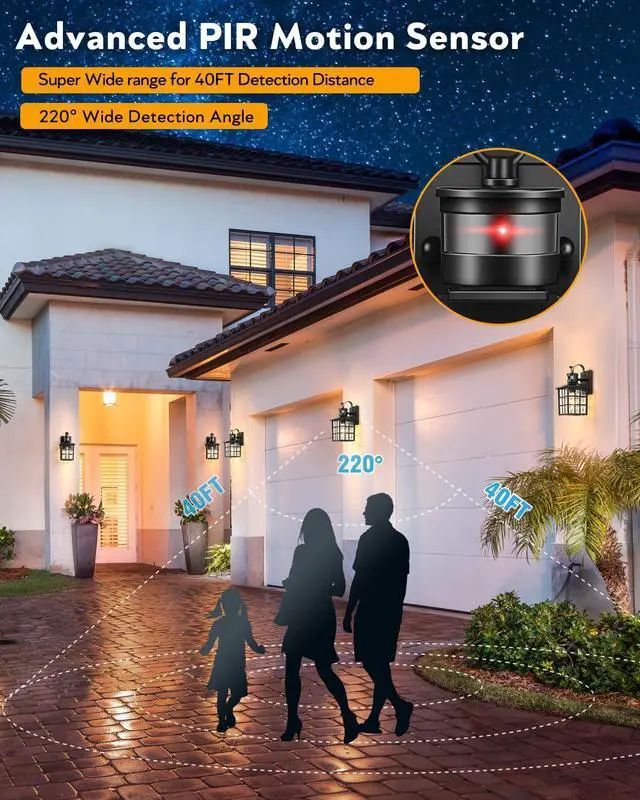 Alt view image 5 of 7 - VIANIS Black Motion Sensor Porch Lights Outdoor, Modern Dusk to Dawn Exterior Lighting Fixtures Wall Mount for House, Anti-Rust 100% Aluminum Waterproof Outdoor Sconce Lights for Garage, Front Door