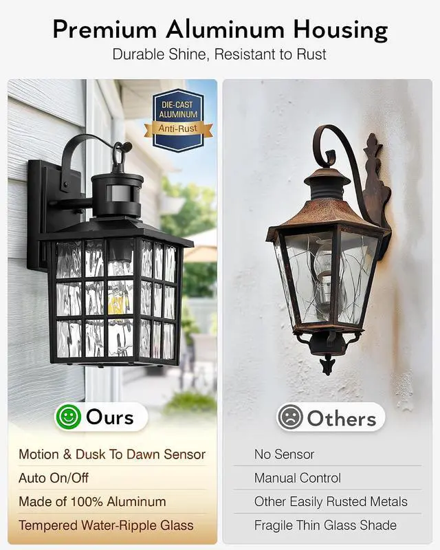 Alt view image 7 of 7 - VIANIS Black Motion Sensor Porch Lights Outdoor, Modern Dusk to Dawn Exterior Lighting Fixtures Wall Mount for House, Anti-Rust 100% Aluminum Waterproof Outdoor Sconce Lights for Garage, Front Door