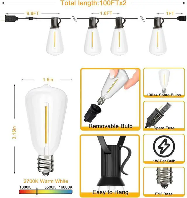 Alt view image 4 of 7 - Svater 200 FT Outdoor String Lights, Waterproof Outside Light 104 Bulbs | 2 Pack 100 FT Patio Lighting, Connectable For Bistro Cafe Market Backyard, Shatterproof ST38 Edison LED Bulb, Warm White