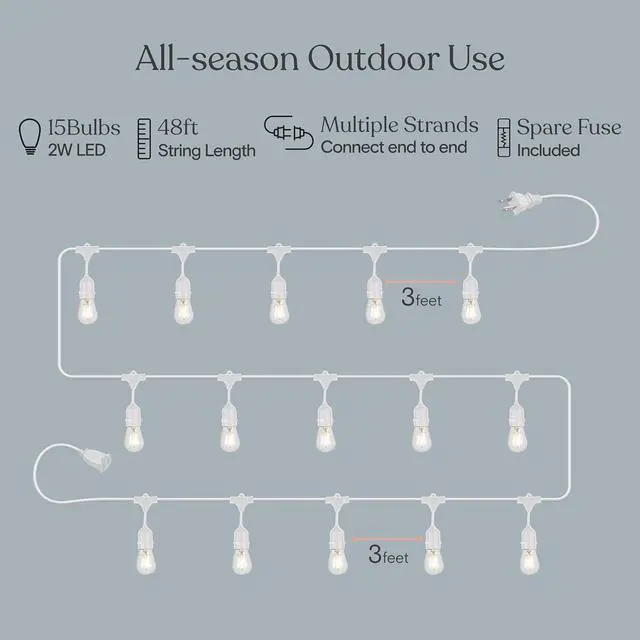 Alt view image 3 of 7 - Brightech Ambience Pro Waterproof LED Outdoor String Lights, 48 Ft, Hanging, Dimmable Vintage Edison Bulbs, 15 Bulbs, 2W