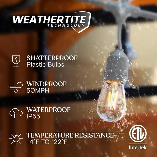 Alt view image 2 of 7 - Brightech Ambience Pro Waterproof LED Outdoor String Lights, 48 Ft, Hanging, Dimmable Vintage Edison Bulbs, 15 Bulbs, 2W