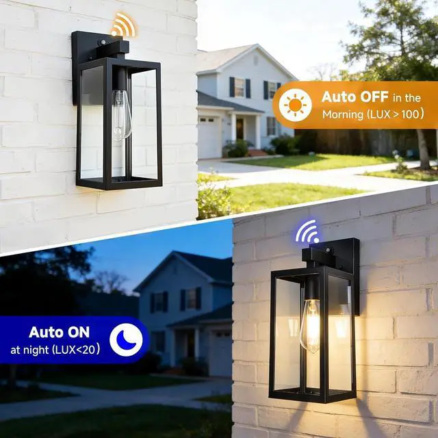 Alt view image 2 of 7 - SHINE HAI Dusk to Dawn Sensor Outdoor Wall Sconce, Exterior Porch Lantern Fixture with E26 Socket & Glass Shade, Waterproof Wall Mount Lighting for Patio Front Door Entryway