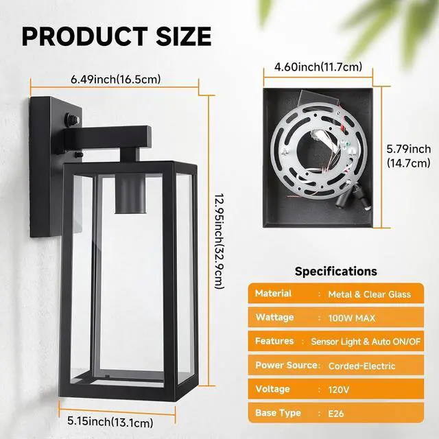 Alt view image 3 of 7 - SHINE HAI Dusk to Dawn Sensor Outdoor Wall Sconce, Exterior Porch Lantern Fixture with E26 Socket & Glass Shade, Waterproof Wall Mount Lighting for Patio Front Door Entryway