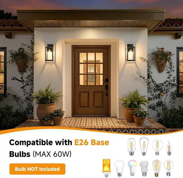 Alt view image 7 of 7 - SHINE HAI Dusk to Dawn Sensor Outdoor Wall Sconce, Exterior Porch Lantern Fixture with E26 Socket & Glass Shade, Waterproof Wall Mount Lighting for Patio Front Door Entryway
