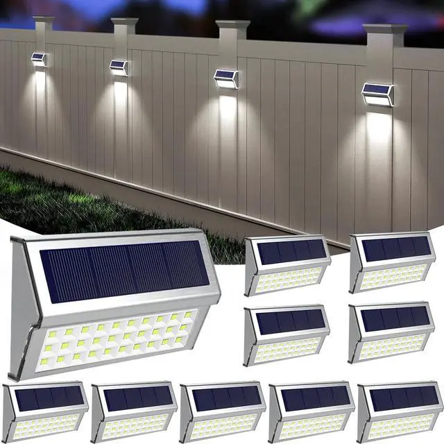Main image of ROSHWEY Solar Lights Outdoor, 10 Pack 30 LED Fence Lights Waterproof Solar Powered Deck Post Lamps Stainless Steel Outside Step Lighting for Backyard Yard Walkway Stairs, Cool White Light