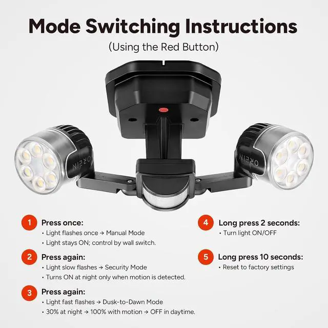 Alt view image 3 of 7 - OREiN Motion Sensor Outdoor Security Light, Adjustable Dual-Head LED Flood Light, 3 Modes(Motion/Manual/Dusk to Dawn), 150W Equivalent 5000K, IP65 Waterproof Exterior Lighting, Hardwired