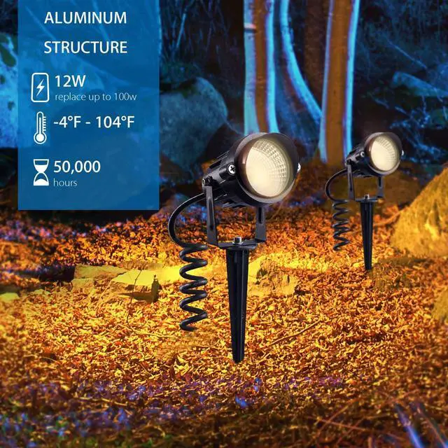 Alt view image 4 of 7 - SUNVIE Outdoor Landscape LED Lighting 12W Waterproof Garden Lights COB Led Spotlights with Spiked Stand for Lawn Decorative Lamp US 3- Plug 3000K Warm White (2 Packs)
