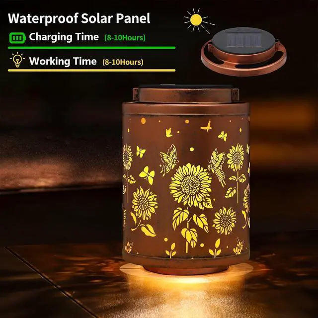 Alt view image 2 of 6 - Solar Outdoor Lanterns, Butterflies Garden Decor LED Light Hanging Waterproof Solar Metal Lantern Gifts for Women Mon Grandma Sunflower Solar Lights Outdoor Decoration for Yard