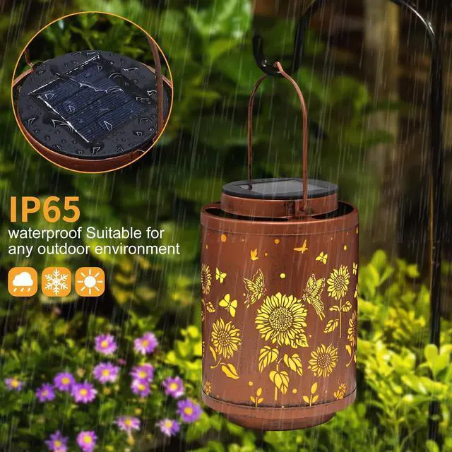 Alt view image 4 of 6 - Solar Outdoor Lanterns, Butterflies Garden Decor LED Light Hanging Waterproof Solar Metal Lantern Gifts for Women Mon Grandma Sunflower Solar Lights Outdoor Decoration for Yard