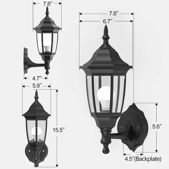 Alt view image 6 of 7 - EMART Plastic Outdoor Wall Light Fixtures with Bulbs, Waterproof and Anti-Corrosion Porch Sconces, Exterior Lanterns Wall Mount Lamp for Outside, Garage, Front Door, House, Patio, 2 Pack, Black