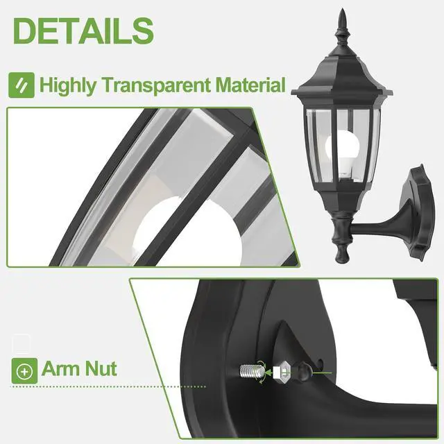 Alt view image 7 of 7 - EMART Plastic Outdoor Wall Light Fixtures with Bulbs, Waterproof and Anti-Corrosion Porch Sconces, Exterior Lanterns Wall Mount Lamp for Outside, Garage, Front Door, House, Patio, 2 Pack, Black