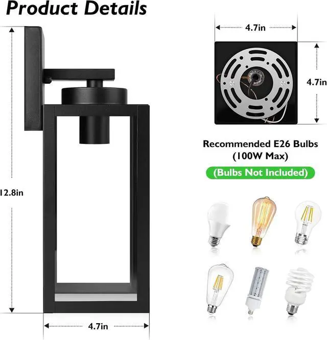 Alt view image 7 of 7 - BesLowe Outdoor Wall Mount Light Fixture, Exterior Wall Lantern Waterproof, Black Outside Porch Sconce Lighting with Matte Black Finish & Glass Shade for House Garage Doorway Patio, E26 Socket