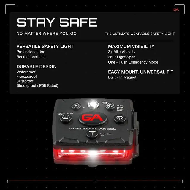 Alt view image 2 of 7 - Guardian Angel Micro Series Safety Light, Beacon Device (Red Front & Red Rear) | Rechargeable, Magnetic & Hands-Free Wearable LED Light for Dog Walking, Cycling, Camping, Boating & Kayaking
