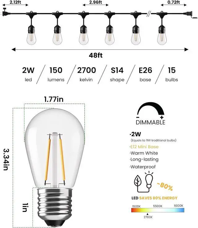 Alt view image 2 of 6 - Svater 96 FT Outdoor String Lights 2W, Patio Light for Outside with 32 Antique S14 Plastic LED Bulbs, IP65 Waterproof Hanging Cafe Market Lighting, ETL-Listed Dimmable Warm White 2700K (48 FT x 2)