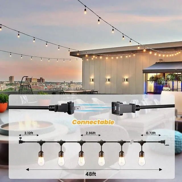 Alt view image 4 of 6 - Svater 96 FT Outdoor String Lights 2W, Patio Light for Outside with 32 Antique S14 Plastic LED Bulbs, IP65 Waterproof Hanging Cafe Market Lighting, ETL-Listed Dimmable Warm White 2700K (48 FT x 2)
