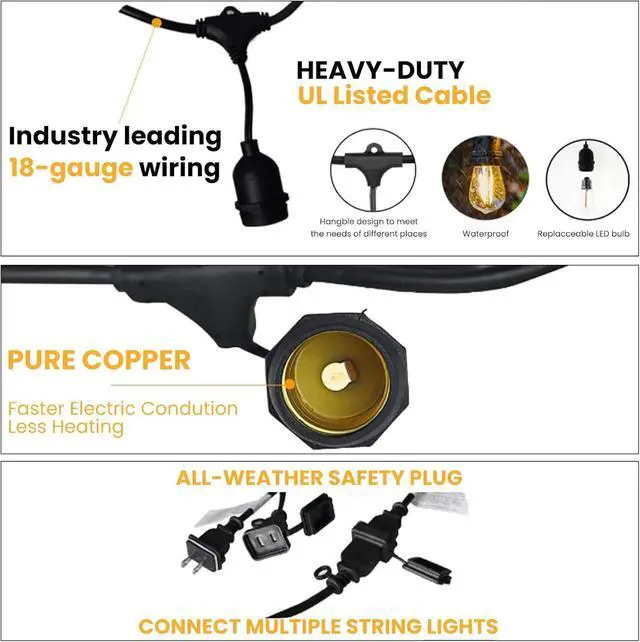 Alt view image 5 of 6 - Svater 96 FT Outdoor String Lights 2W, Patio Light for Outside with 32 Antique S14 Plastic LED Bulbs, IP65 Waterproof Hanging Cafe Market Lighting, ETL-Listed Dimmable Warm White 2700K (48 FT x 2)