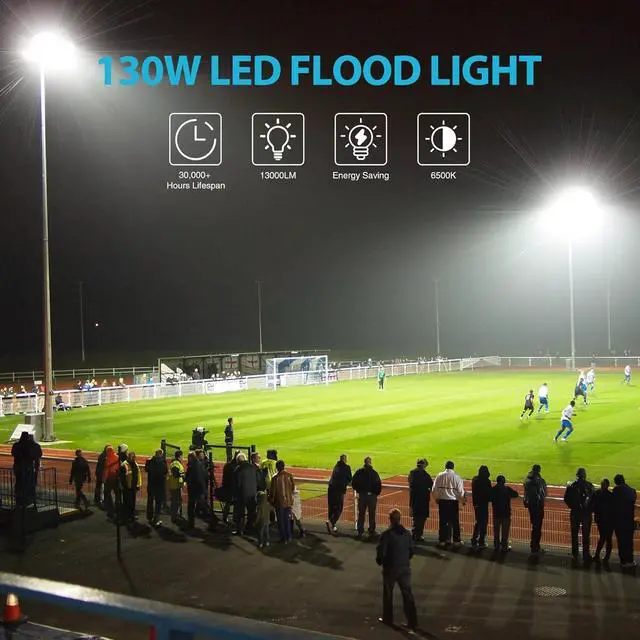 Alt view image 4 of 7 - Olafus 2 Pack 130W LED Flood Light Outdoor, 13000lm LED Work Light with Plug, IP66 Waterproof Exterior Security Lights, 6500K Daylight White Outside Floodlights for Playground Yard Stadium Lawn