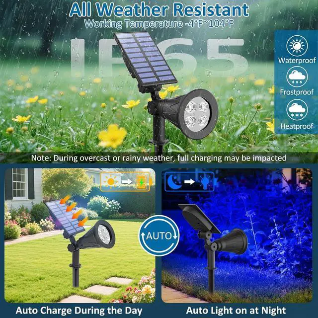 Alt view image 3 of 7 - T-SUNUS Blue Solar Spotlights Outdoor 2 Pack, 200LM Landscape Lighting Waterproof IP65, Adjustable Spot Lights Auto On/Off 2 Modes for Yard Garden Tree Halloween Christmas Decoration Pond Flag Pool