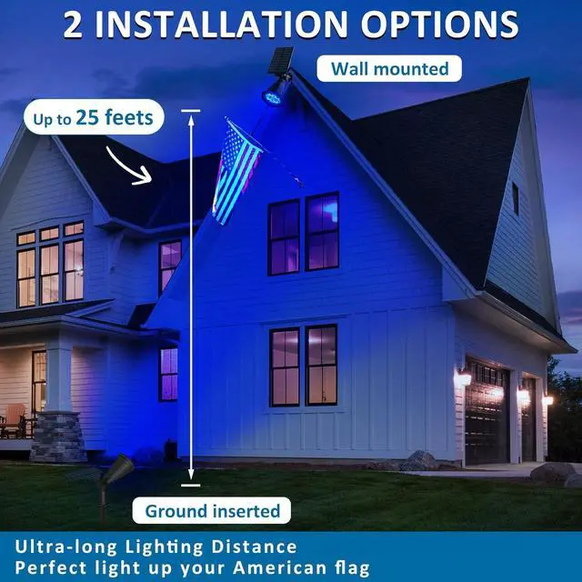 Alt view image 4 of 7 - T-SUNUS Blue Solar Spotlights Outdoor 2 Pack, 200LM Landscape Lighting Waterproof IP65, Adjustable Spot Lights Auto On/Off 2 Modes for Yard Garden Tree Halloween Christmas Decoration Pond Flag Pool