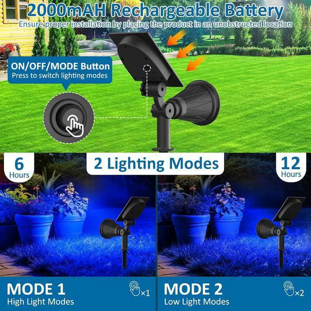 Alt view image 5 of 7 - T-SUNUS Blue Solar Spotlights Outdoor 2 Pack, 200LM Landscape Lighting Waterproof IP65, Adjustable Spot Lights Auto On/Off 2 Modes for Yard Garden Tree Halloween Christmas Decoration Pond Flag Pool