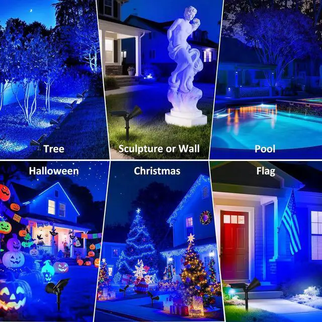 Alt view image 6 of 7 - T-SUNUS Blue Solar Spotlights Outdoor 2 Pack, 200LM Landscape Lighting Waterproof IP65, Adjustable Spot Lights Auto On/Off 2 Modes for Yard Garden Tree Halloween Christmas Decoration Pond Flag Pool