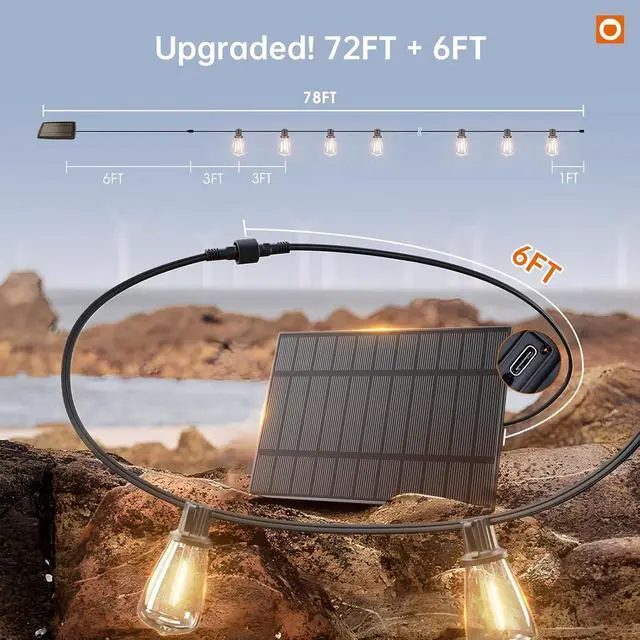Alt view image 6 of 7 - addlon 78FT(72+6) Solar String Lights Outdoor, Waterproof Solar Powered Outside Lights with Remote & USB Port, ST38 LED Shatterproof Bulbs, Dimmable Solar Light for Camping Backyard Porch