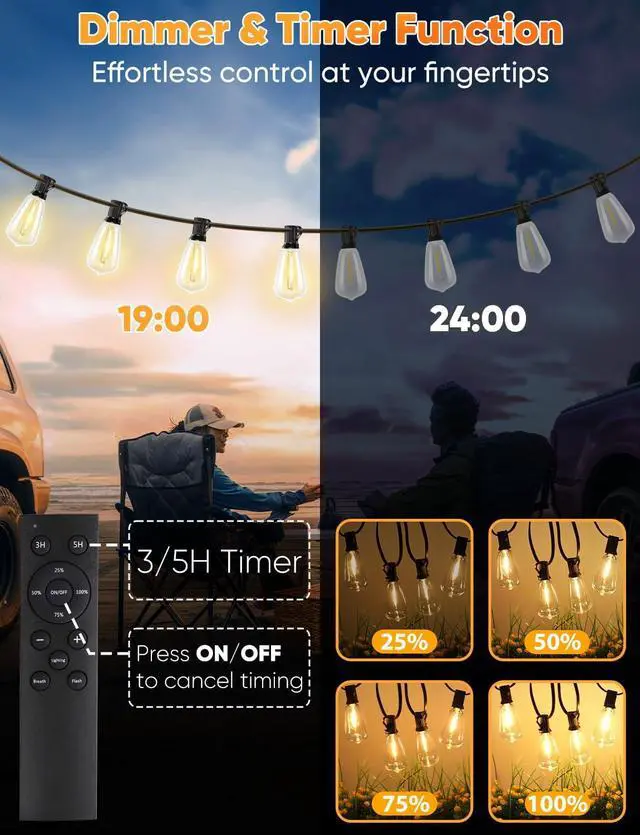 Alt view image 4 of 7 - Brightever 120FT LED Outdoor String Lights with Remote, Patio Lights Outdoor Waterproof with 36+2 Shatterproof ST38 LED Bulbs, Dimmable Outside Hanging Light for Porch, Garden, Backyard, Cafe, 2700K