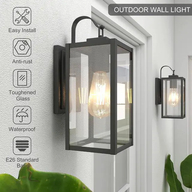 Alt view image 2 of 7 - Pia Ricco Outdoor Wall Lights, Matte Black Exterior Light Fixtures with Clear Glass Shade, Waterproof Front Porch Lighting, Modern Sconces Lantern for Outside, House, Garage, E26 Socket, ETL Listed