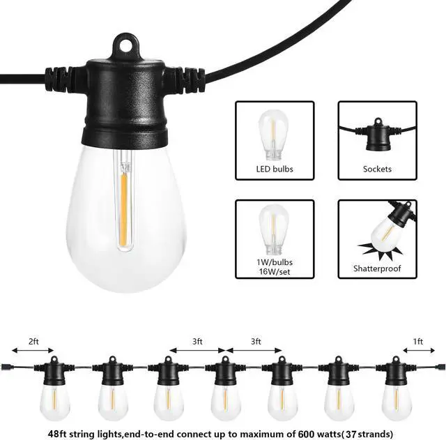 Alt view image 2 of 7 - SUNTHIN Outdoor String Lights, 48FT Patio Lights with 16 LED Shatterproof Bulbs for Outside, Backyard, Deck, Porch, Garden, Bistro, Cafe, Party