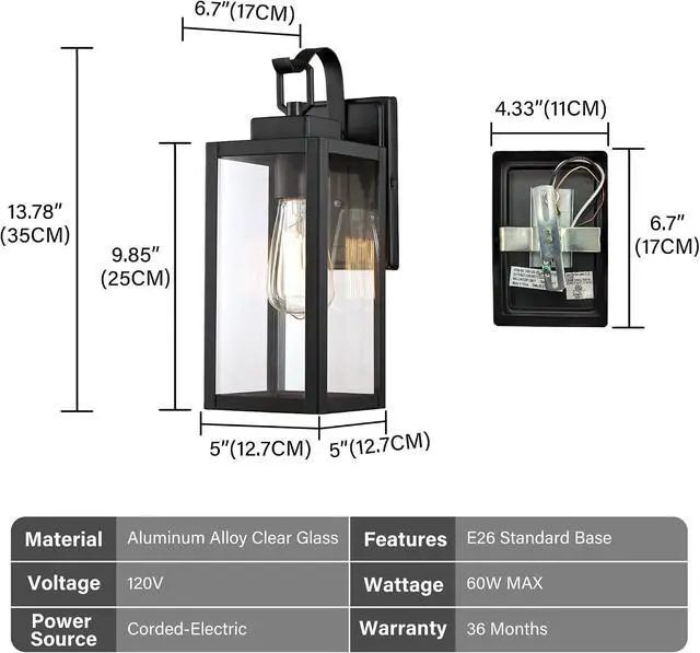Alt view image 5 of 7 - Pia Ricco Outdoor Wall Lights, Matte Black Exterior Light Fixtures with Clear Glass Shade, Waterproof Front Porch Lighting, Modern Sconces Lantern for Outside, House, Garage, E26 Socket, ETL Listed