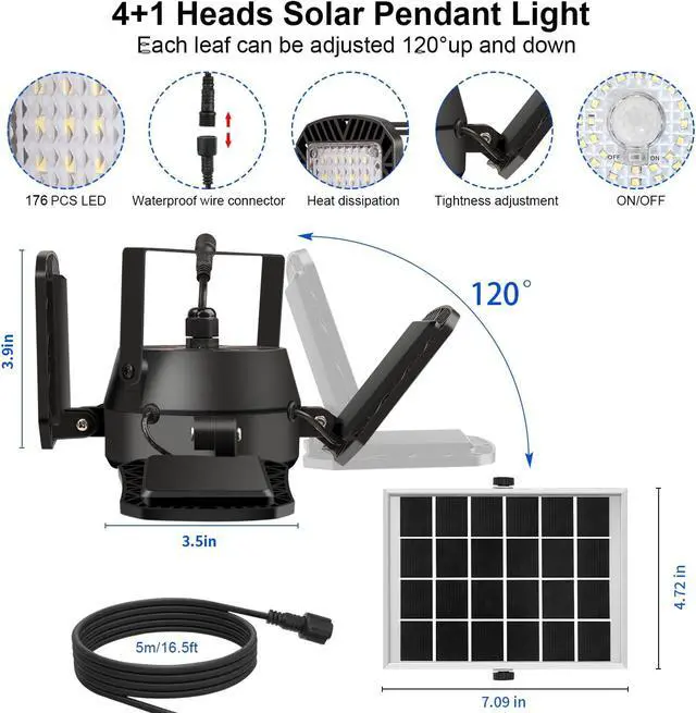 Alt view image 6 of 7 - Auzev Solar Shed Light Indoor Outdoor Upgrade 176 LED 4 and 1 Heads Solar Powered Motion Sensor Pandent Daytime Work Lights with 4 Modes Remote Control Security lamp for Garage Gazebo Barn