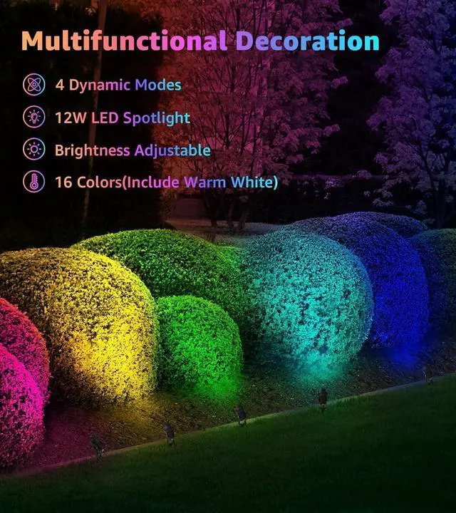 Alt view image 2 of 7 - SUNVIE RGB Spot Lights Outdoor 12W LED Color Changing Landscape Lights with Remote Control 120V RGBW Landscape Lighting Waterproof Outdoor Spotlight for Yard Garden Patio Lawn Decorative, 2 Pack