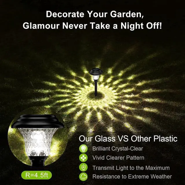 Alt view image 4 of 6 - Glass Solar Lights Outdoor waterproof, 8 Pack Super Bright Solar Pathway Lights, Up to 12 Hrs Long Last Auto On/Off Garden Lights Solar Powered, Stainless Steel LED Light For Yard Landscape Cool White