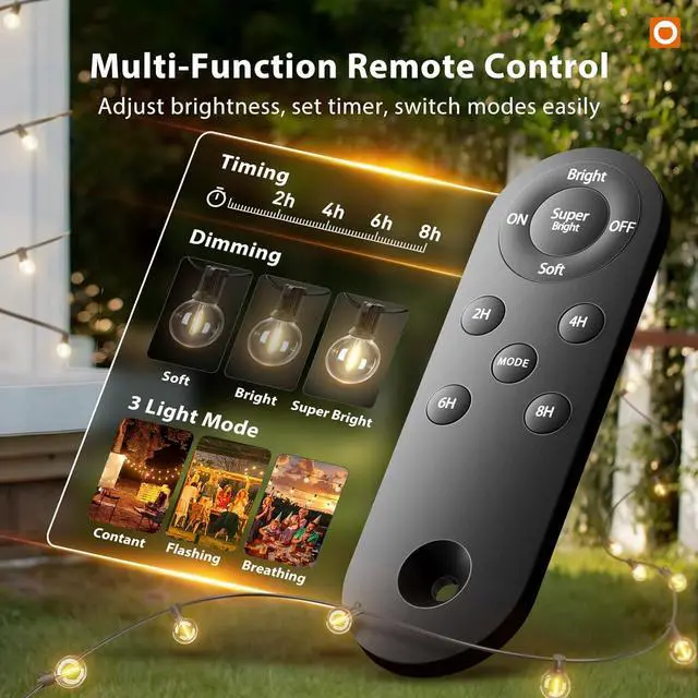 Alt view image 3 of 7 - addlon 100FT Solar String Lights Outdoor with Remote, 54 LED Shatterproof Bulbs, USB Charging, 20+ Hour Runtime, Dimmable & Timable, G40 Waterproof Solar Lights for Outside Backyard Patio Garden Decor
