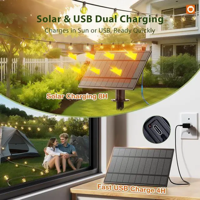 Alt view image 4 of 7 - addlon 100FT Solar String Lights Outdoor with Remote, 54 LED Shatterproof Bulbs, USB Charging, 20+ Hour Runtime, Dimmable & Timable, G40 Waterproof Solar Lights for Outside Backyard Patio Garden Decor