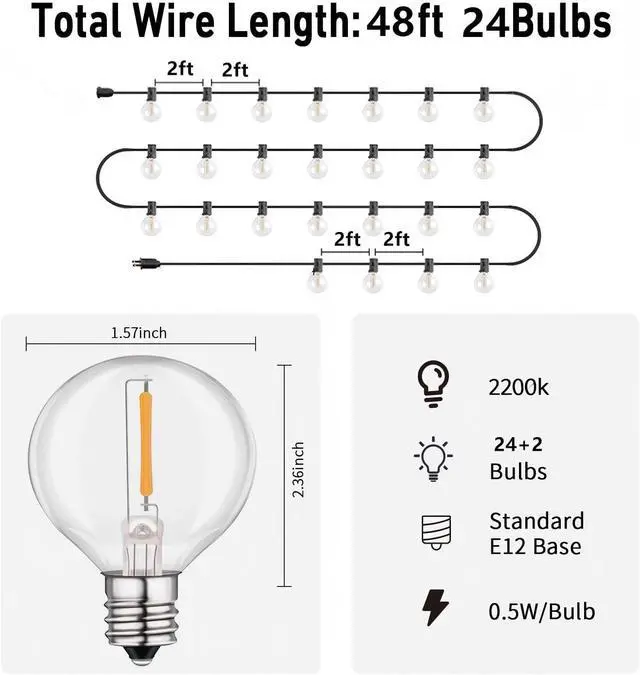 Alt view image 2 of 7 - HISTAR 48Ft Patio Lights Outdoor Waterproof 24+2 Edison Bulbs for Garden, Porch, Backyard, Balcony, Bistro, Cafe Lights Decor