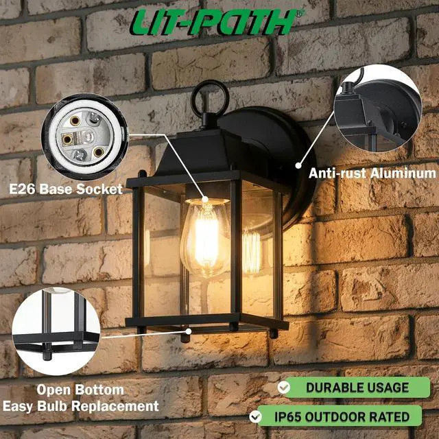 Alt view image 2 of 6 - LIT-PaTH Outdoor Wall Lantern, Wall Sconce as Porch Lighting Fixture, E26 Base, Aluminum Housing Plus Glass, Water-Proof and Outdoor Rated, ETL Qualified, 1-Pack, Black