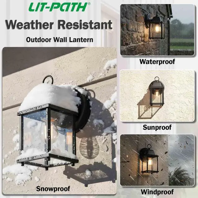 Alt view image 3 of 6 - LIT-PaTH Outdoor Wall Lantern, Wall Sconce as Porch Lighting Fixture, E26 Base, Aluminum Housing Plus Glass, Water-Proof and Outdoor Rated, ETL Qualified, 1-Pack, Black